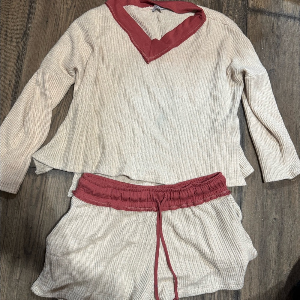 White Birch Cream and Red Pajama Set with V-Neck